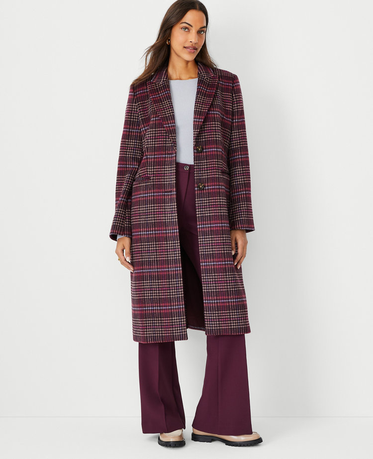 Plaid Wool Blend Tailored Chesterfield Coat