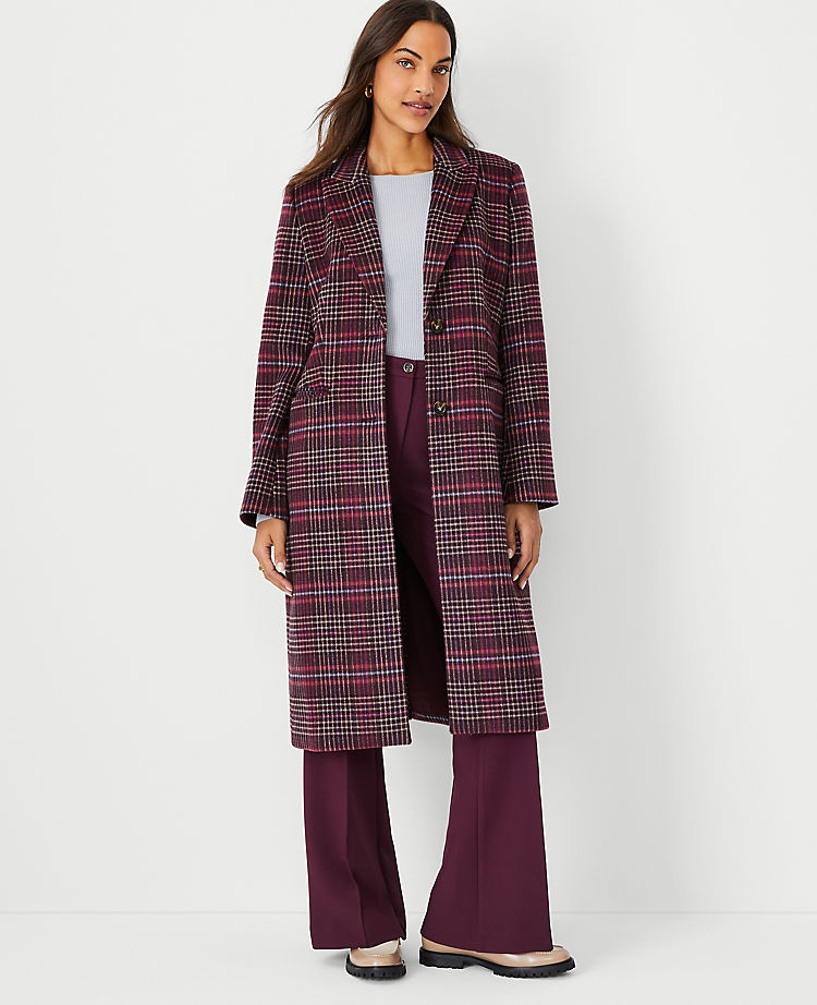 Plaid Wool Blend Tailored Chesterfield Coat