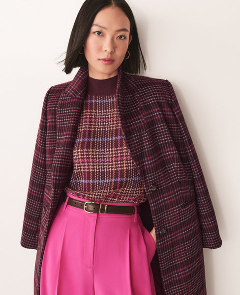 Plaid Wool Blend Tailored Chesterfield Coat