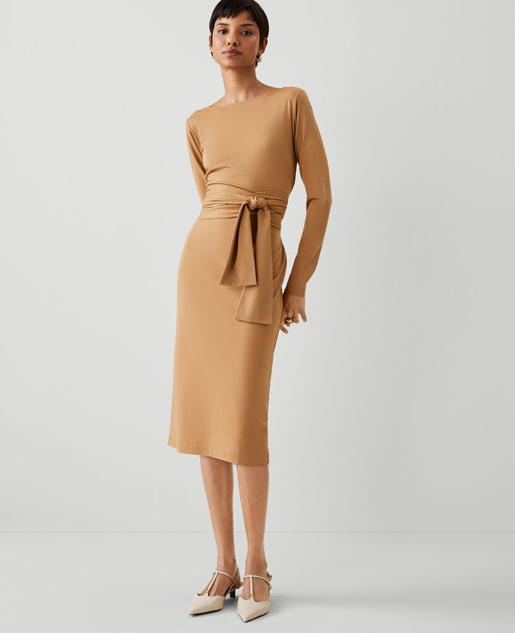 Ann Taylor Knit Tie Waist Sheath Dress Perfect Camel Women's