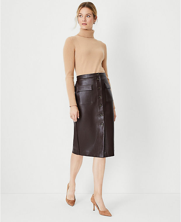 Petite Pebbled Faux Leather Button Pocket Pencil Skirt
