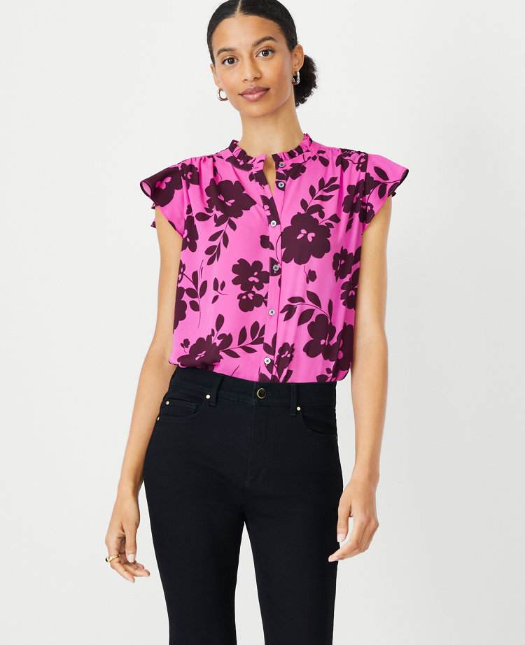 Petite Floral Mixed Media Flutter Sleeve Top