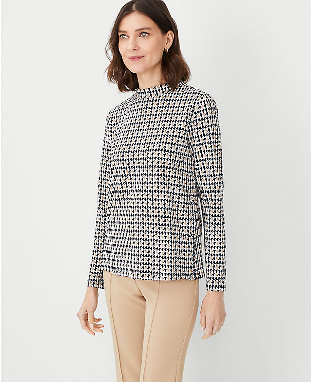 Houndstooth Side Button Mock Neck Top