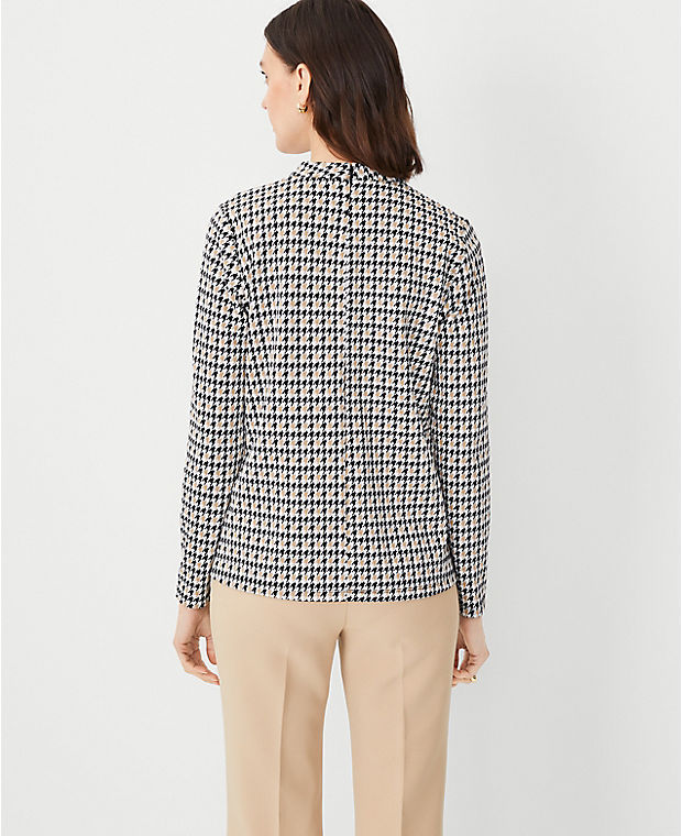 Houndstooth Side Button Mock Neck Top