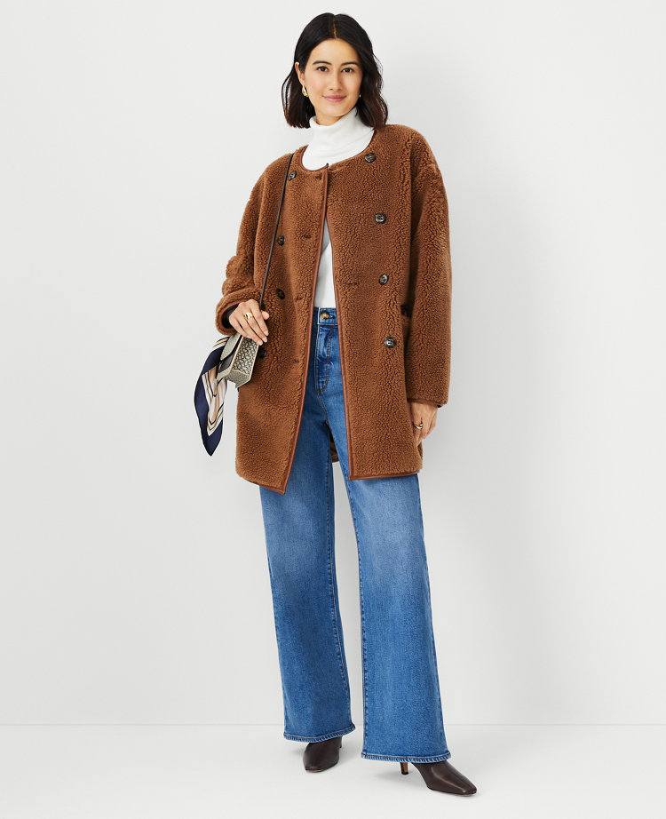 Petite Faux Shearling Fur Trim Wool Coat