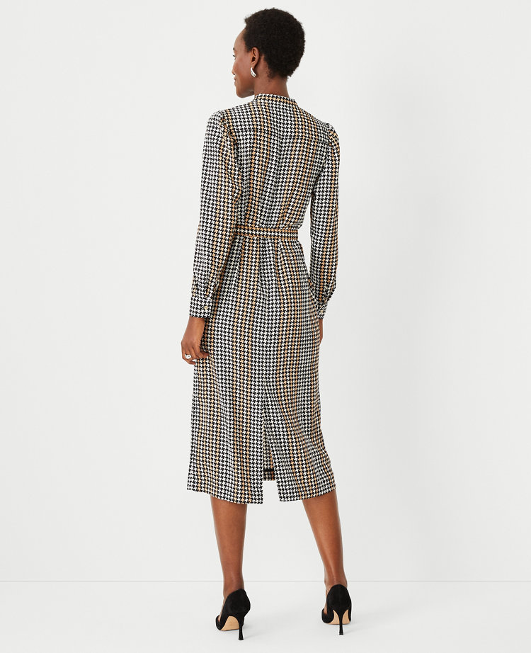 Houndstooth Square Neck Double Button Belted Dress