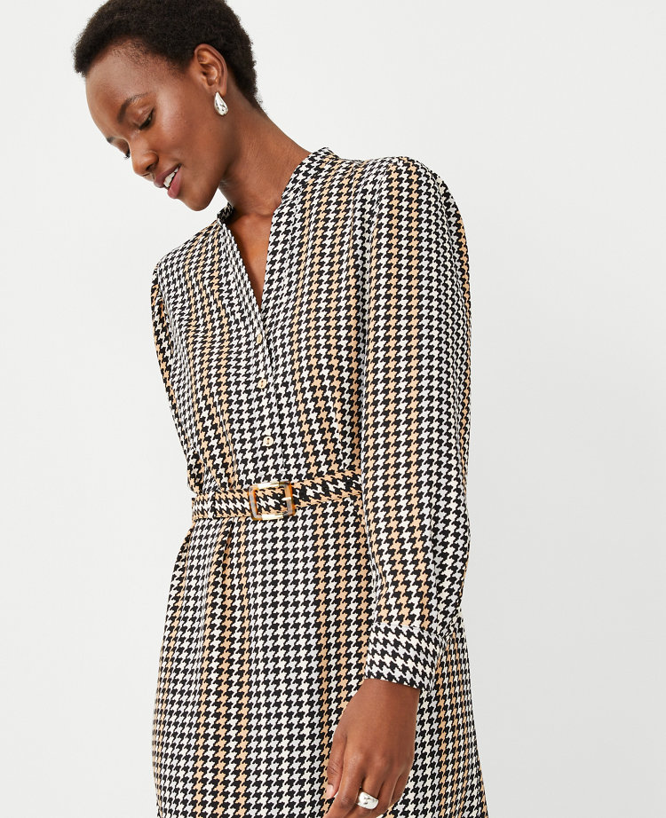 Houndstooth Square Neck Double Button Belted Dress