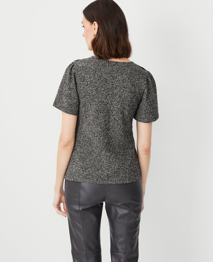 Metallic Boucle Shoulder Button Flutter Sleeve Top