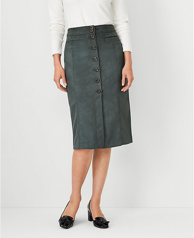 Petite Faux Suede Seamed Button Midi Skirt