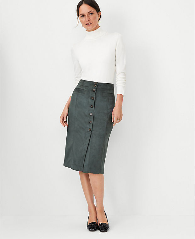 Petite Faux Suede Seamed Button Midi Skirt