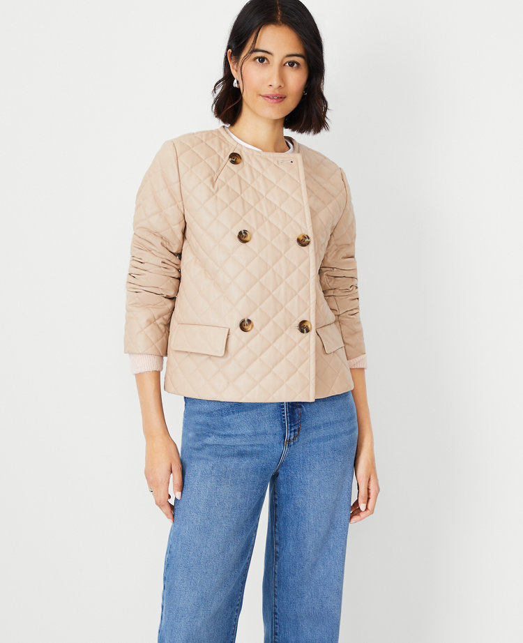 Petite Quilted Faux Leather Double Breasted Jacket