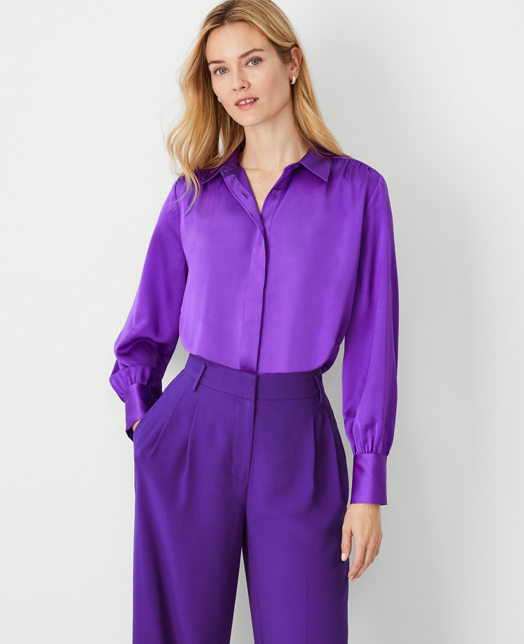 Ann Taylor Petite Collared Button Shirt In Vibrant Thistle