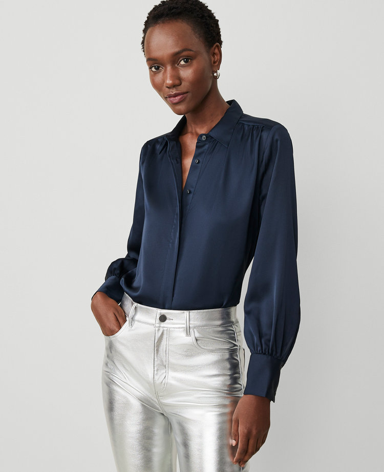 Petite Collared Shirred Yoke Button Down Shirt