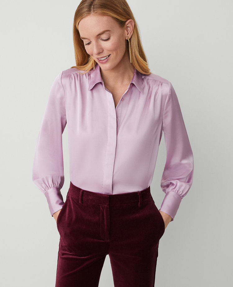 Petite Collared Shirred Yoke Button Down Shirt