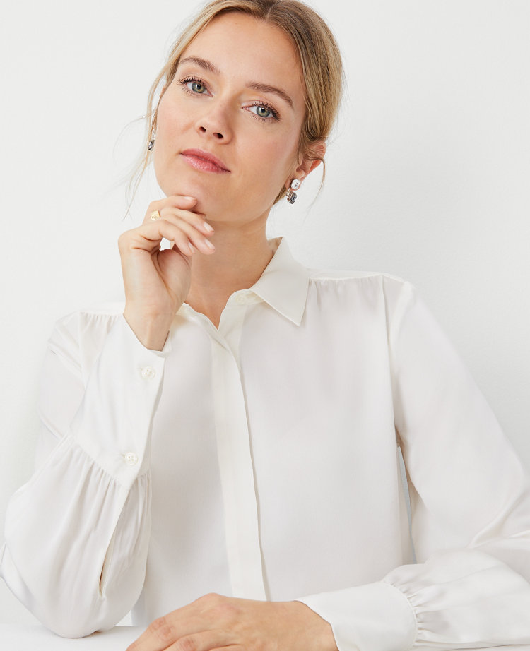 Petite Collared Shirred Yoke Button Down Shirt