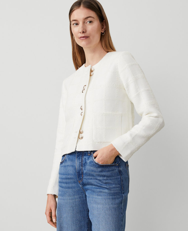 Ann Taylor Petite Double Button Jacket Boucle Tweed Winter White Women's