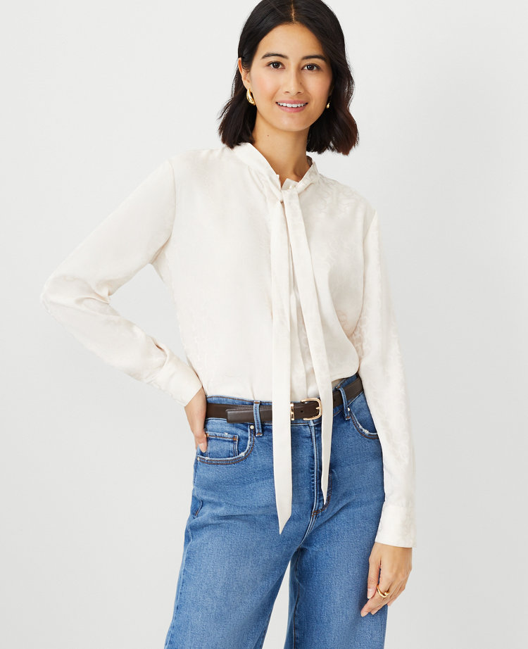 Petite Link Jacquard Tie Neck Blouse