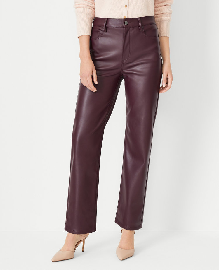 Pieces Petite high waist faux leather pants in brown