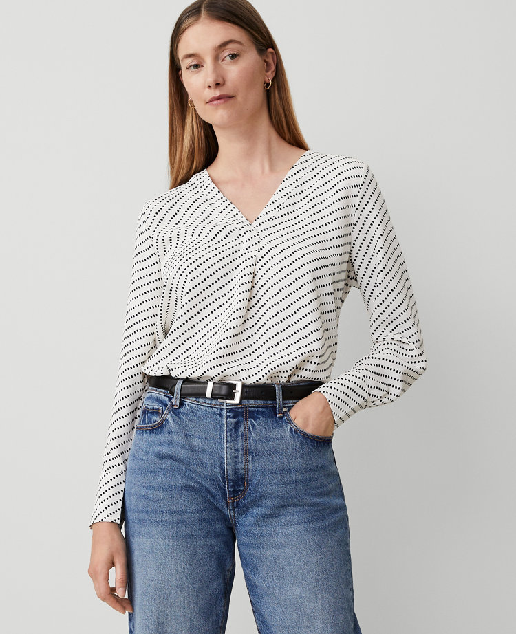 Ann Taylor Stripe Mixed Media Pleat Front Top Winter White Women's