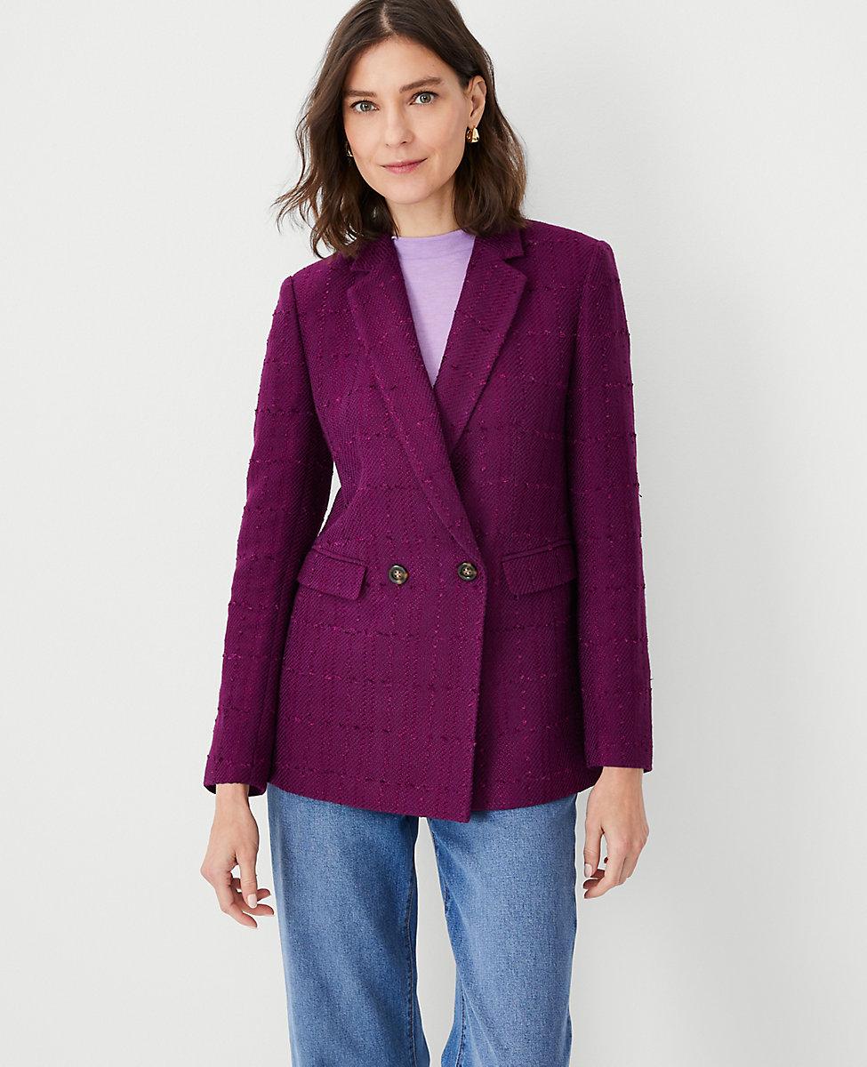 The Petite Tailored Double Breasted Long Blazer in Tweed
