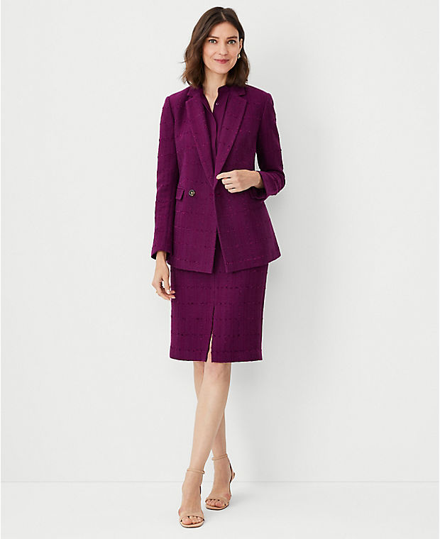 The Petite Tailored Double Breasted Long Blazer in Tweed