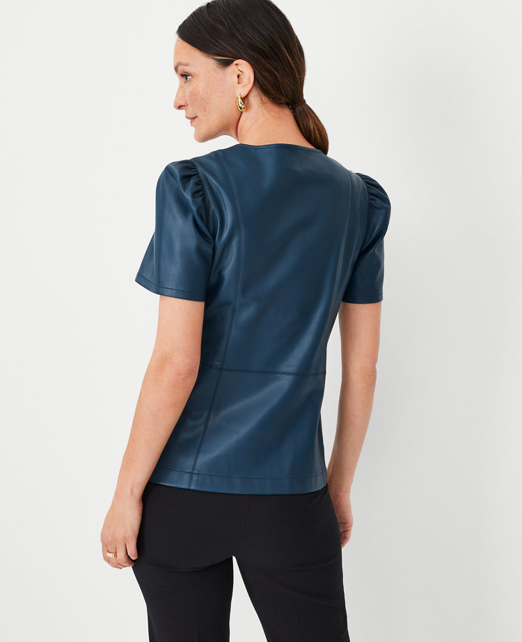 Petite Faux Leather Puff Sleeve Peplum Top