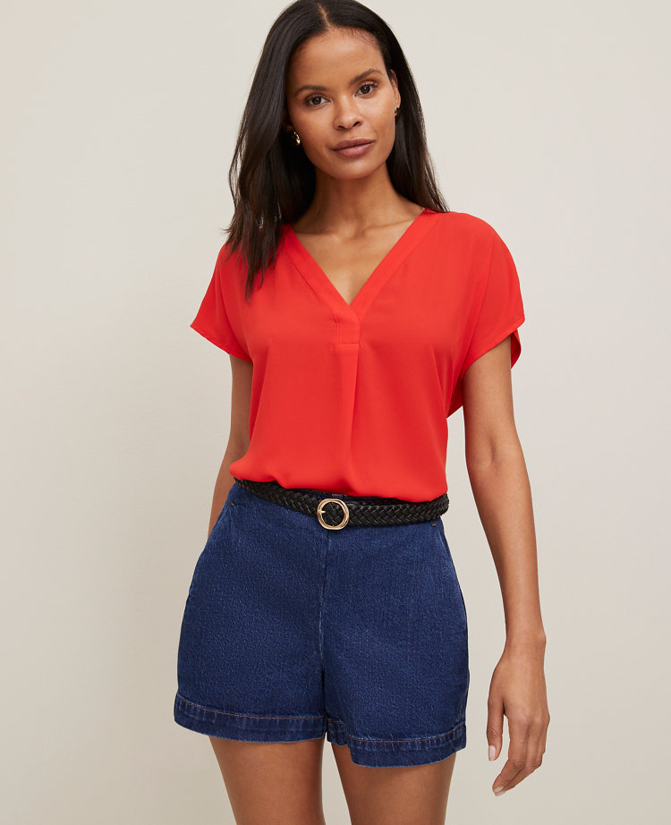 Petite Mixed Media Pleat Front Top