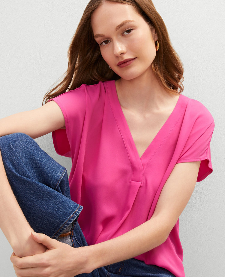 Petite Mixed Media Pleat Front Top