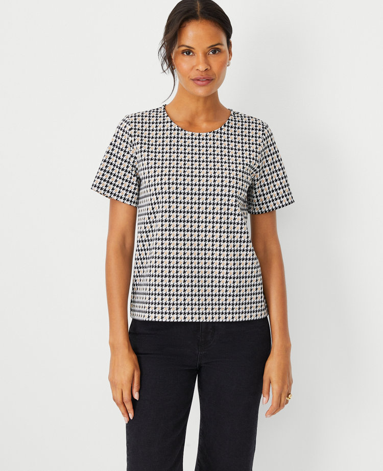 Ann Taylor Houndstooth Crew Neck T-Shirt Tan Multi Women's