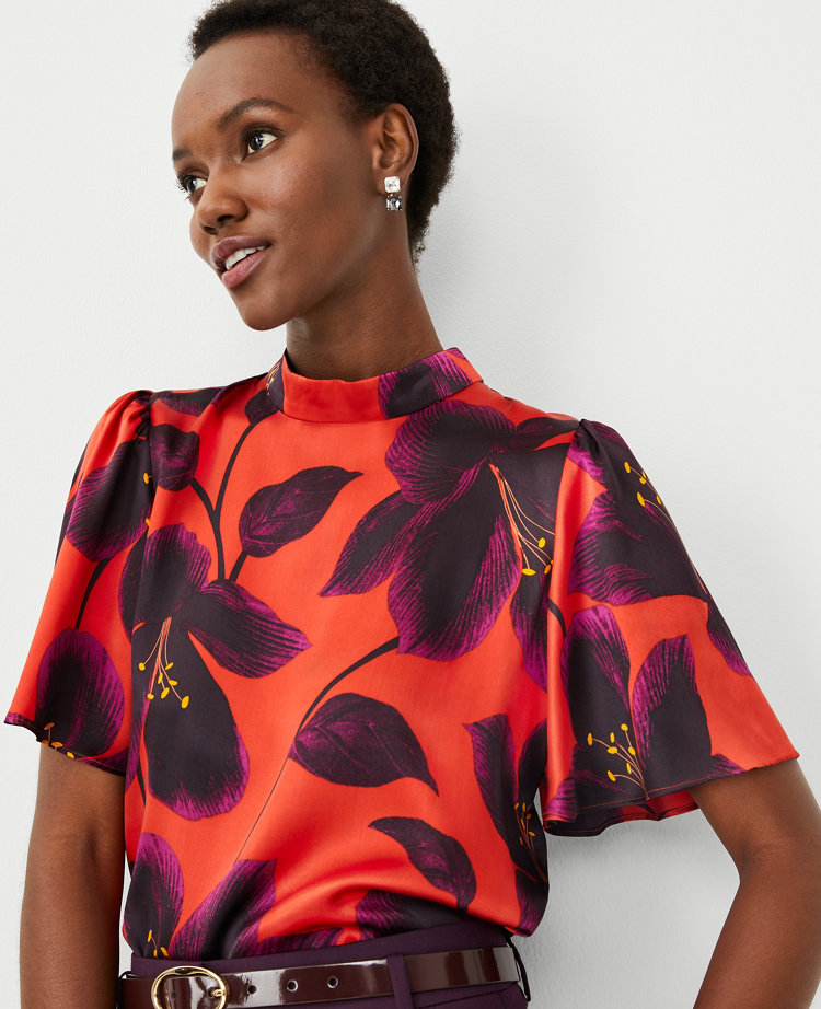 Studio Collection Floral Silk Mock Neck Popover