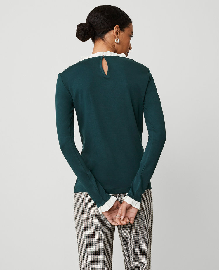 Ann Taylor Ruffle Long Sleeve Top Deep Slate Green Women's