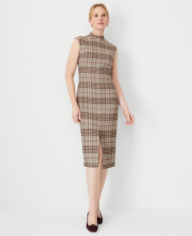 Ann Taylor Petite Plaid Mock Neck Sheath Dress Size 0 Cafe Au Lait Women's