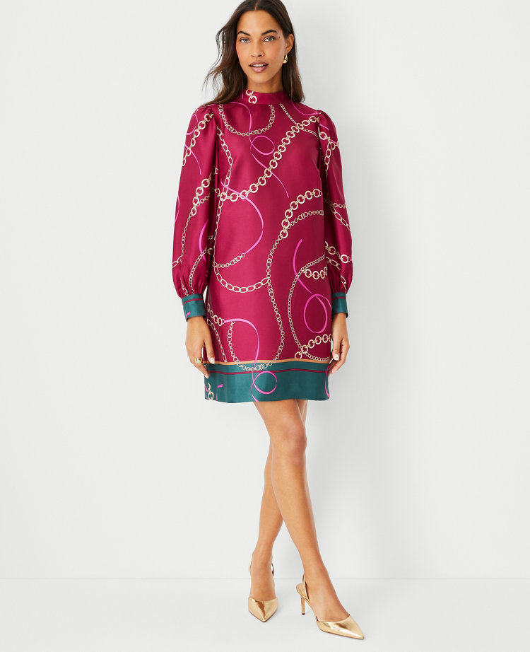 Ann Taylor Petite Chain Print Mock Neck Shift Dress Frosted Cranberry Women's