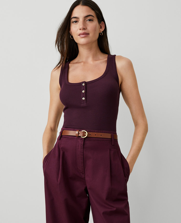 Ann Taylor AT Weekend Ribbed Pima Cotton Henley Plum Rose Women's