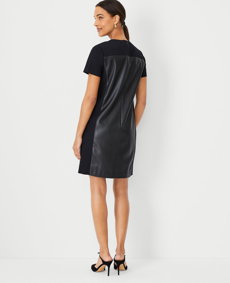 Petite Faux Leather Mixed Media Shift Dress