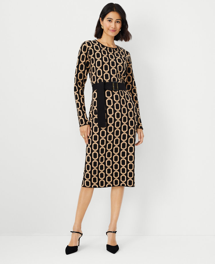 Petite Link Jacquard Belted Sheath Sweater Dress