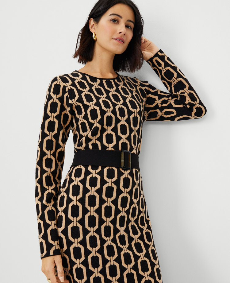 Petite Link Jacquard Belted Sheath Sweater Dress