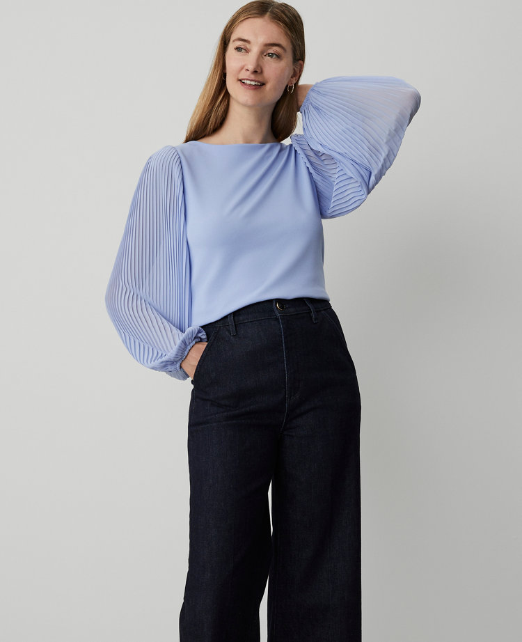 Petite Mixed Media Pleated Sleeve Top