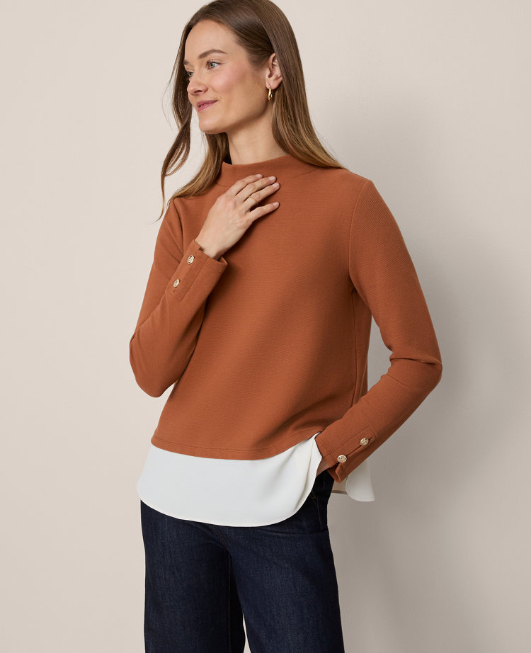 Petite Mixed Media Mock Neck Top