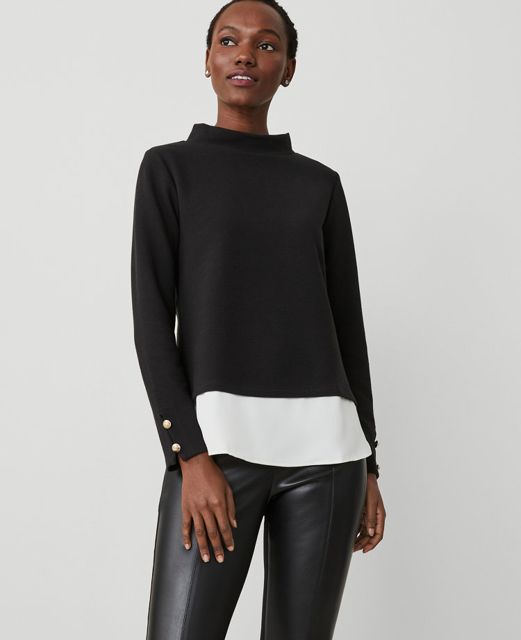 Petite Mixed Media Mock Neck Top