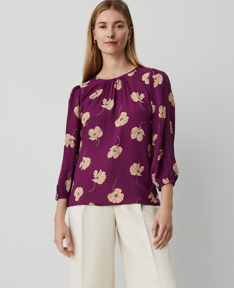 Ann Taylor Floral Lace Trim Mixed Media Top