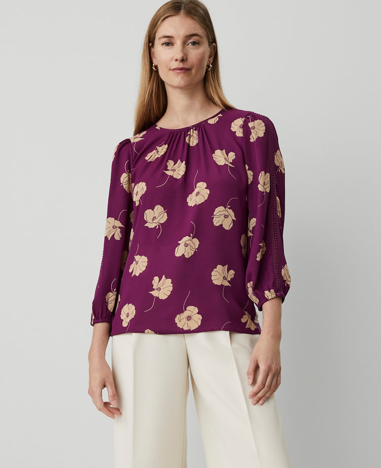 Ann Taylor Floral Lace Trim Mixed Media Top Pulsar Purple Women's