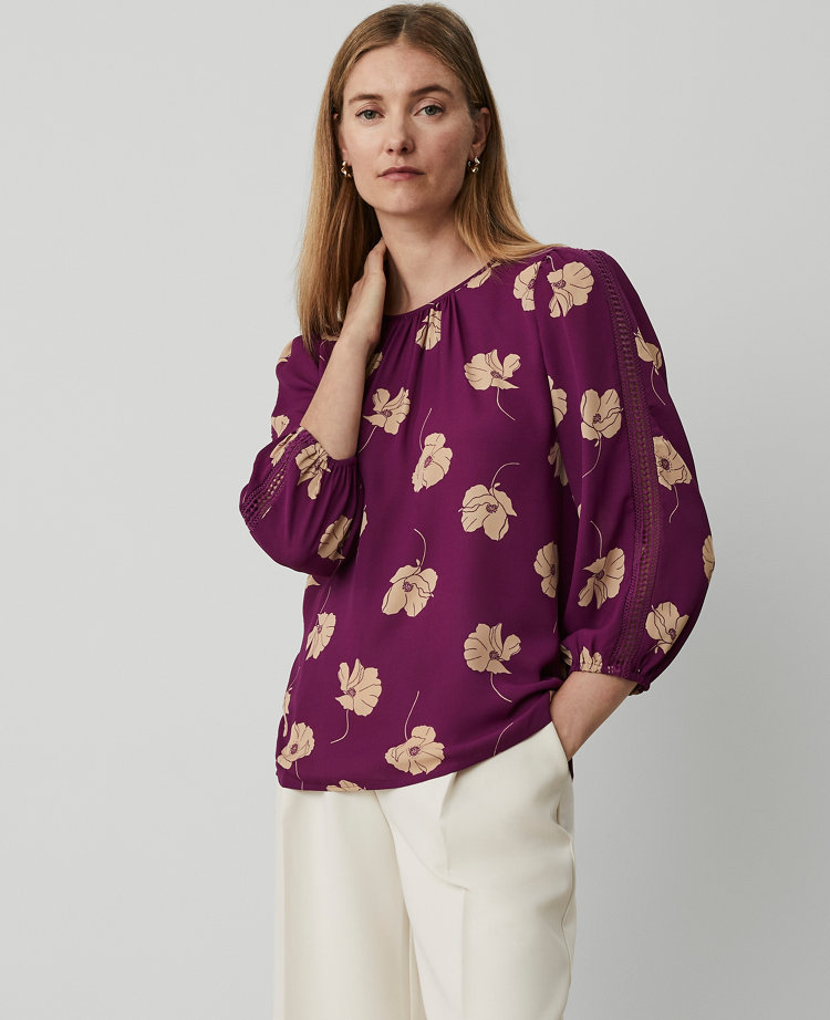 Ann Taylor Floral Lace Trim Mixed Media Top Pulsar Purple Women's