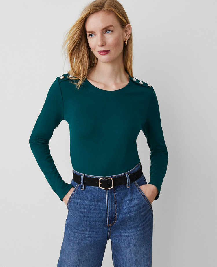 Button-Shoulder Ponte Top