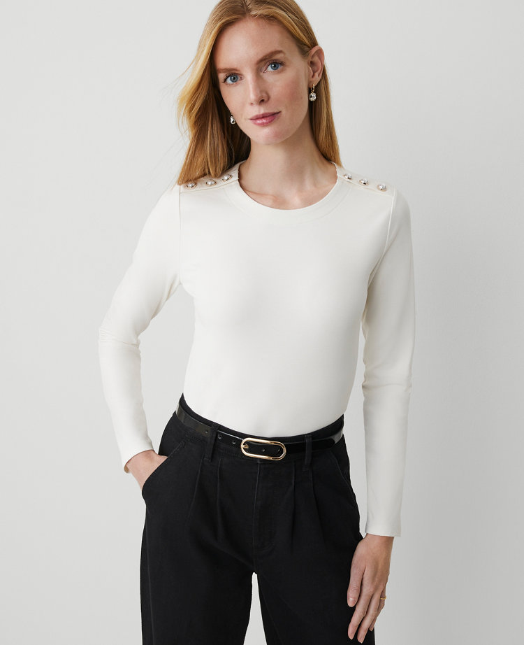 Button-Shoulder Ponte Top