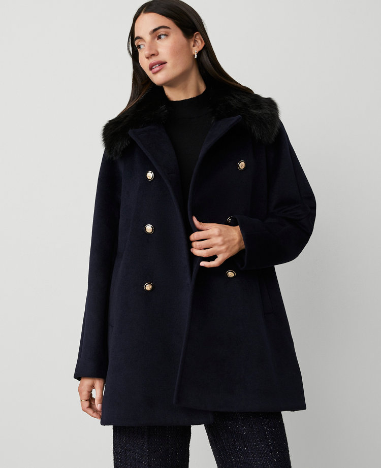 Faux Fur Collar Double Breasted Swing Coat