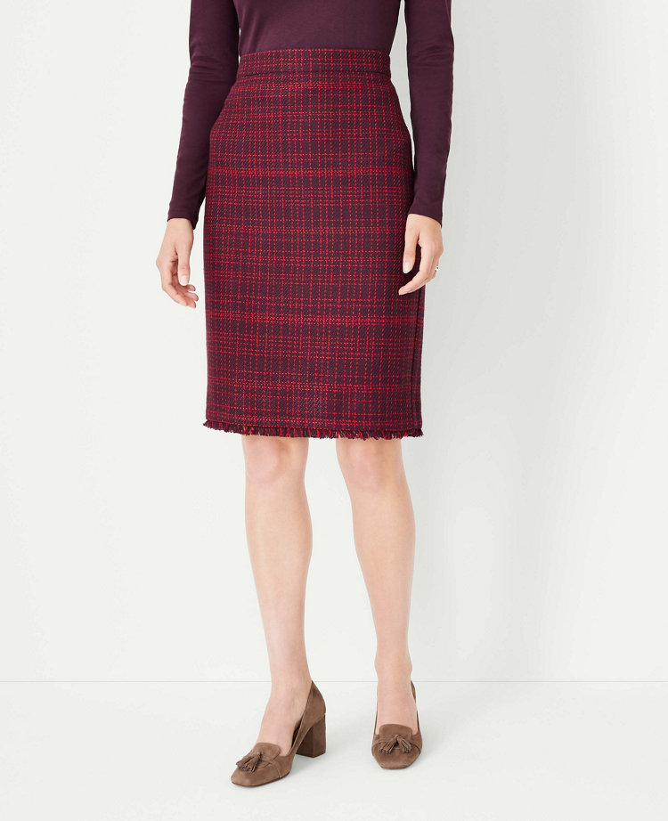 Petite Plaid Fringe Tweed Pencil Skirt