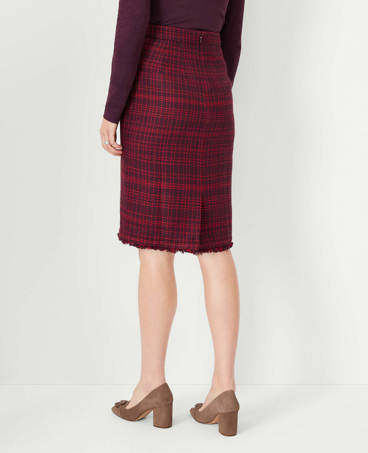 Petite Plaid Fringe Tweed Pencil Skirt - Plum Rose