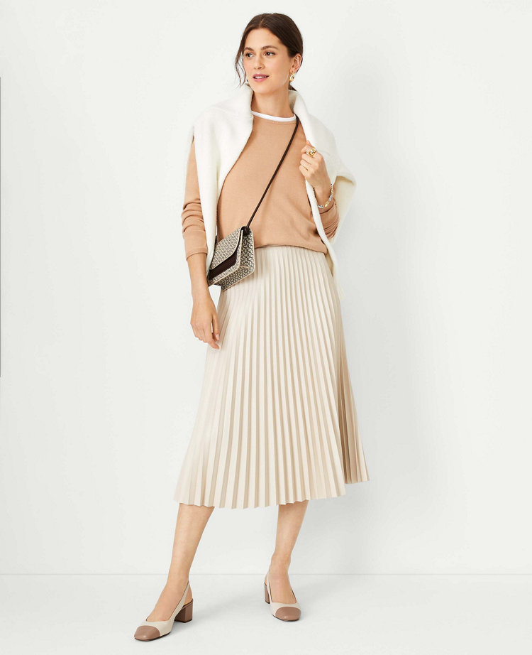 Petite Faux Leather Pleated Midi Skirt