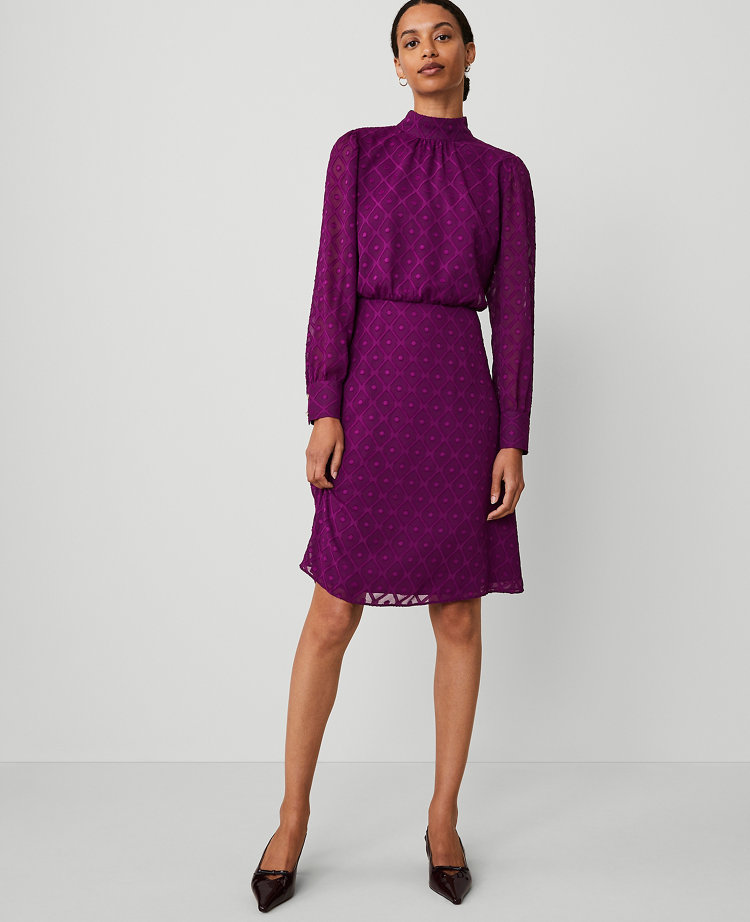 Ann Taylor Geo Mock Neck Flare Dress Pulsar Purple Women's